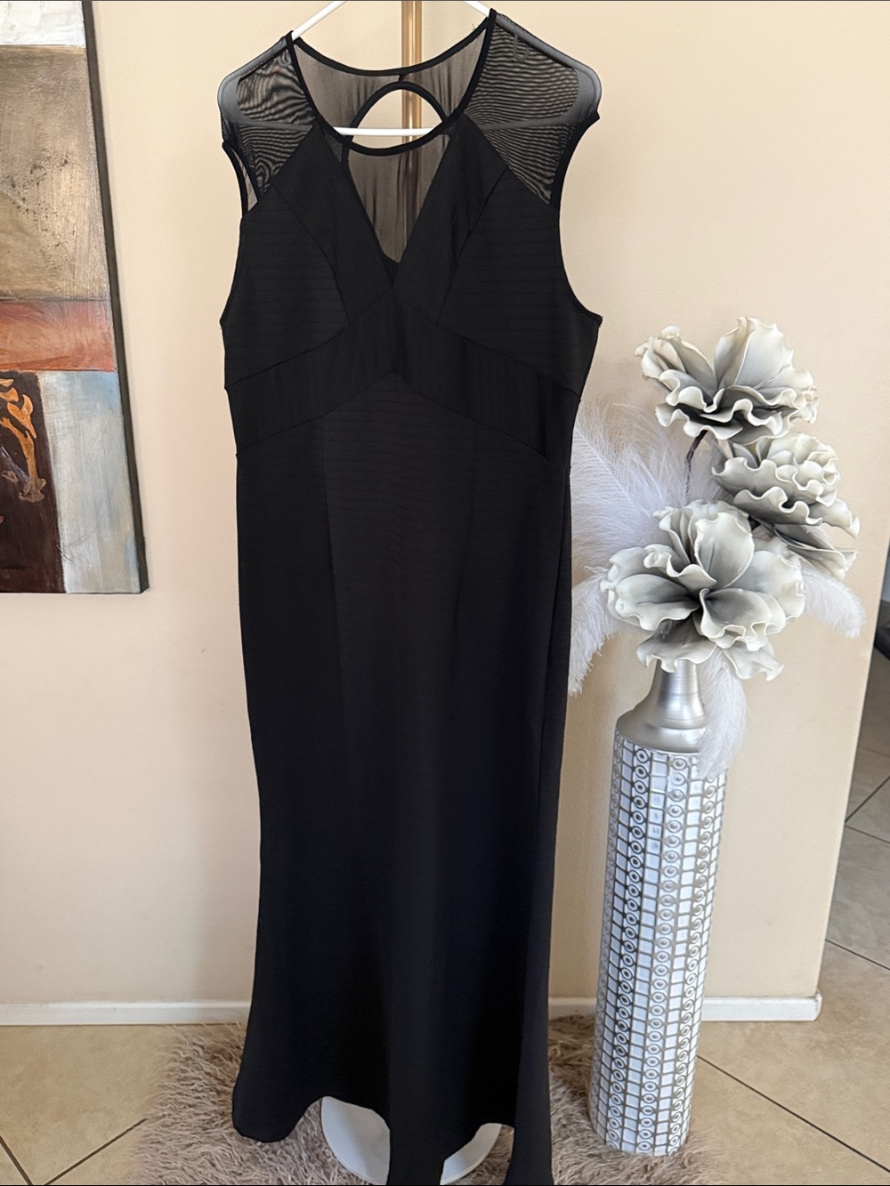 Chic Black Maxi Dress with Sheer Mesh Yoke